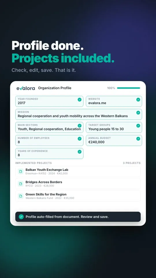 An organisation profile filled in automatically from one uploaded document